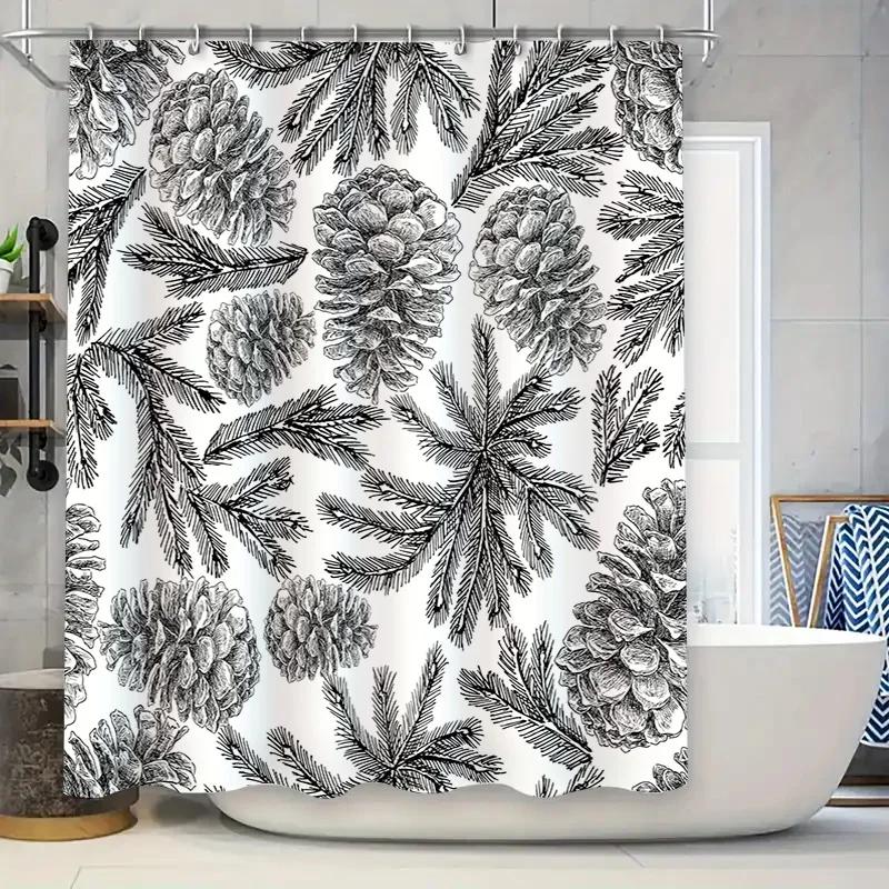 

Vintage Pinecone Branch Bath Curtain Black White Floral Shower Curtain Decor For Bathroom Home Living Room Decoration Set W60H190(CM)-1 Pcs