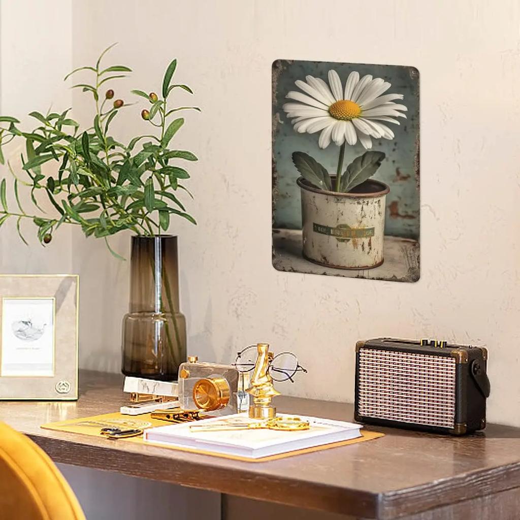 Vintage Tin Sign Flowers, White Daisy with Dew Drop Metal Sign, Retro Wall Decor for Home Cafes Office Store Pubs Club