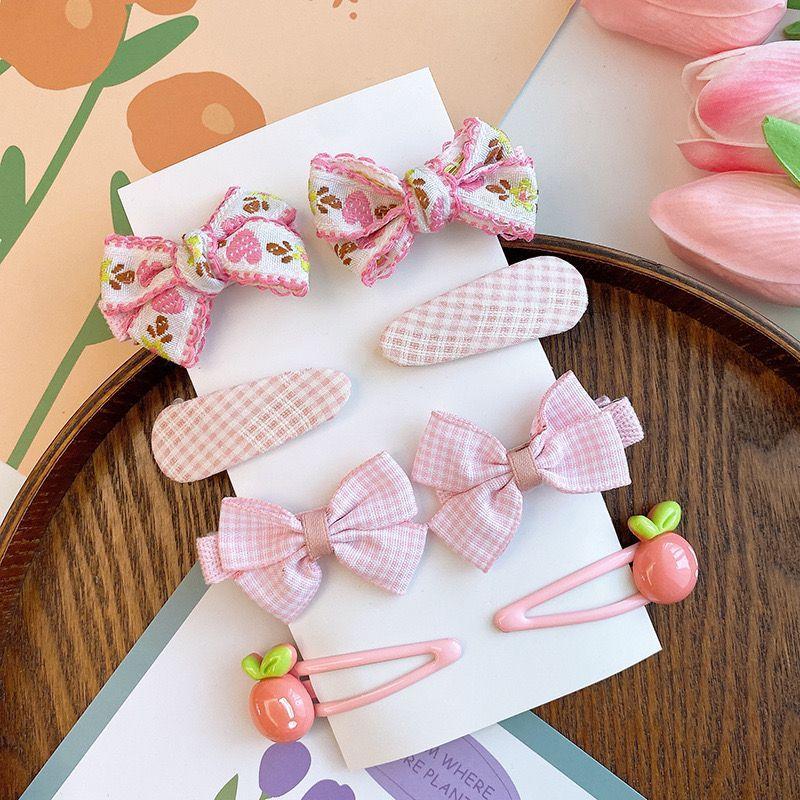 8PC Cute Pink Color Clips Plaid Bowknot Hair Drop Clips Lace Hairpins Flower Hairpins BB Barrettes