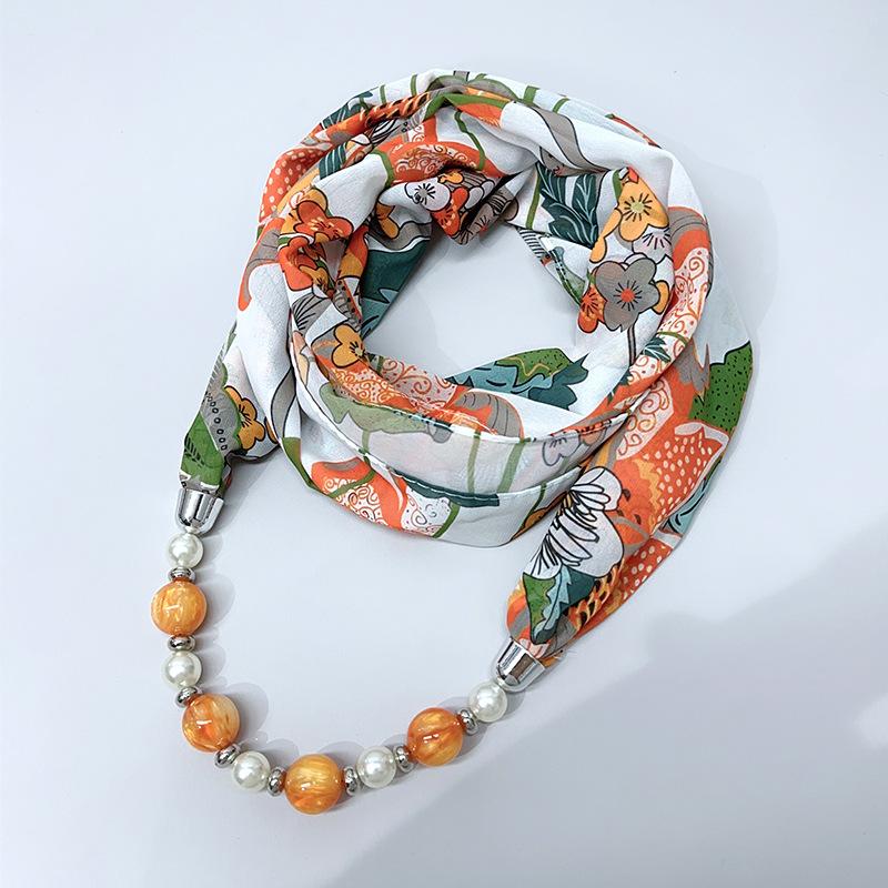 Chic Printed Scarf Necklace with Pearl and Bead Accents – Lightweight Chiffon Infinity Scarf for Women, Fashion Statement Accessory