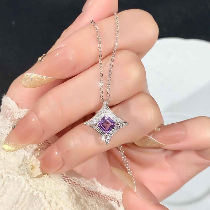 S925 reines Silber natürliche gelbe Granat Halskette, quadratischer Sternförmiger Kristall Anhänger, luxuriöser Schmuck mit gebürsteter Handwerkskunst, Geschenk