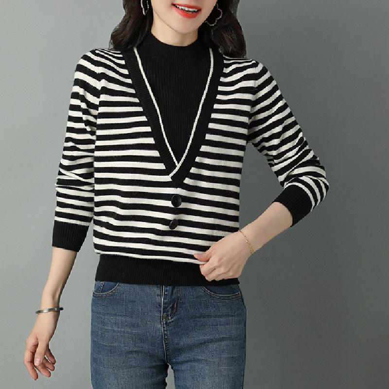Early Autumn Women's Knitwear Half High Neck Clashing Stripe Sweater Bottom Sweater