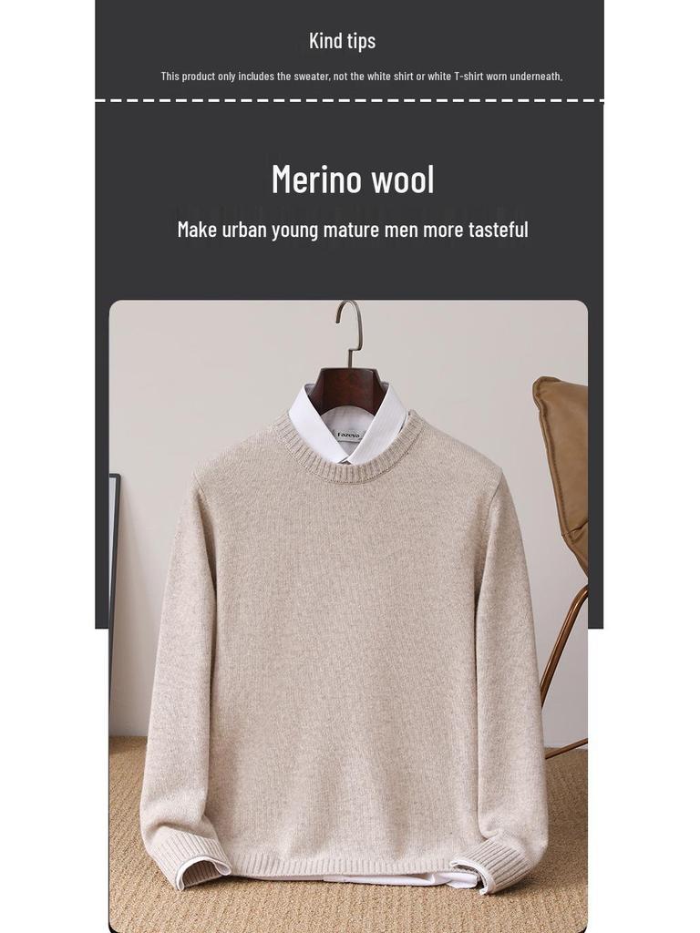 Men's Pure Wool Thickened Winter Pullover - Color Block Round Neck Cashmere Sweater