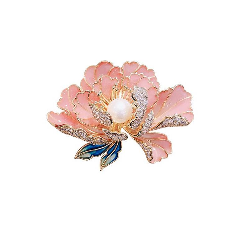 Korean Style Pearl Enamel Peony Brooch - Women's High-End DIY Corsage Pin