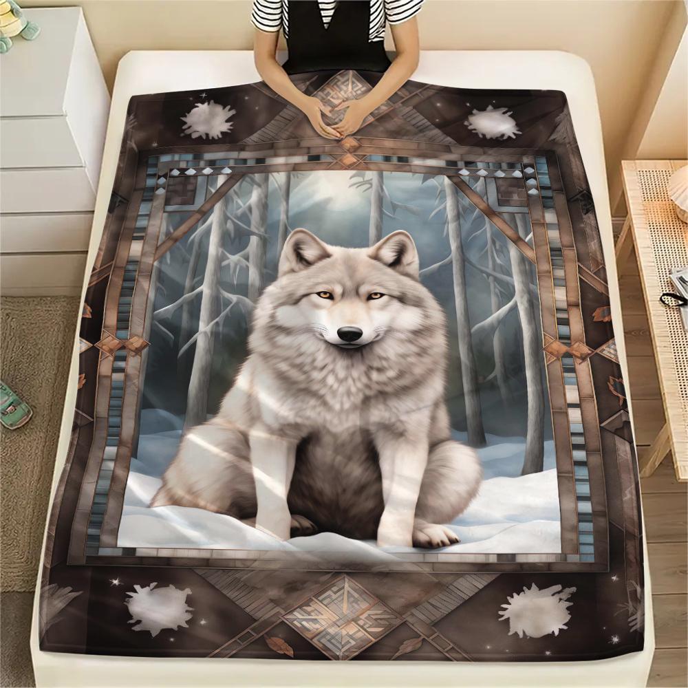 1Pc Natvie Wolf Print Flannel Blanket, High quality Comfortable for All Seasons, Home Decor, Warmth and Comfort, Perfect for Christmas Gifts