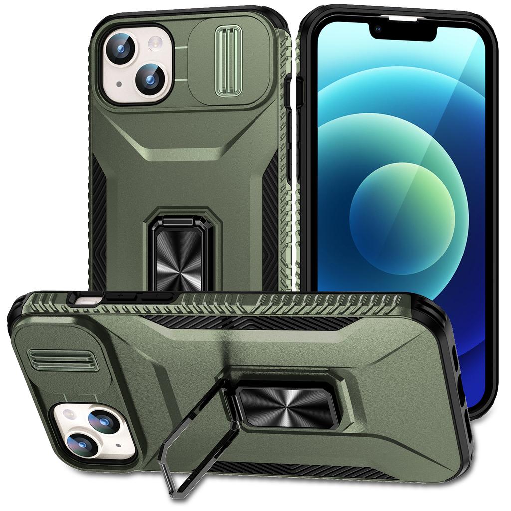 For iPhone 15 Plus/14 Plus Case Camshield Kickstand TPU+PC Anti-Slip Phone Cover