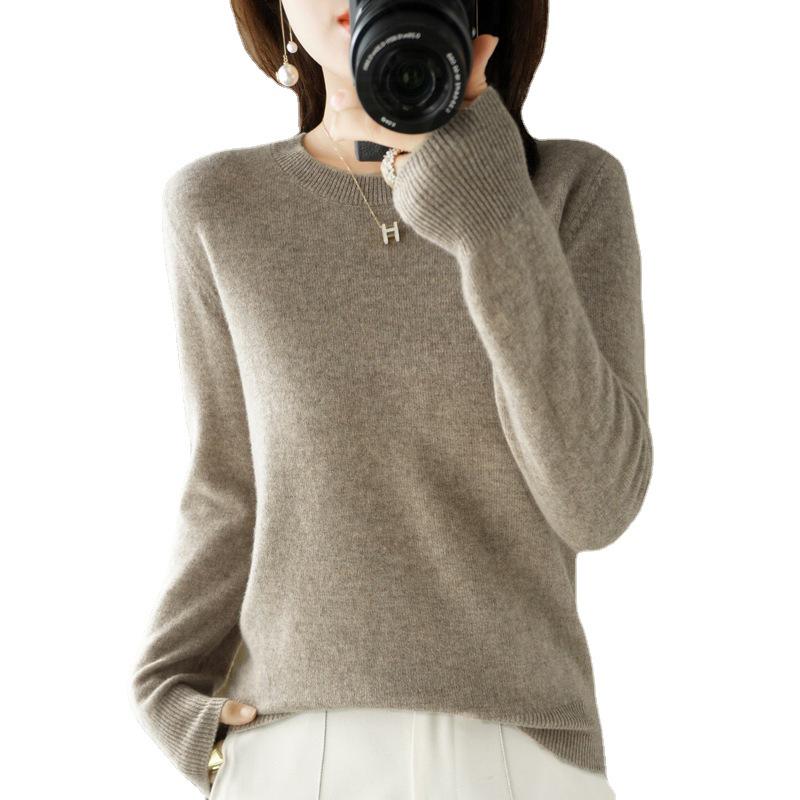 Women's Solid Color Knit Pullover - Autumn/Winter Round Neck Long Sleeve Versatile Base Layer