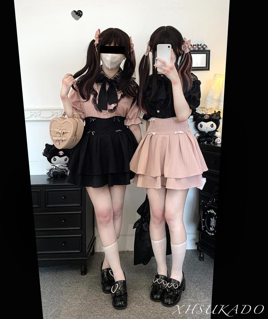 Short Detachable Flared Chiffon Pink [XHSUKADO] Women's Open-Shoulder Blouse, Cute, Sleeve, Ribbon, Ruffles, Lace, Sleeves, Fashionable, Lolita,