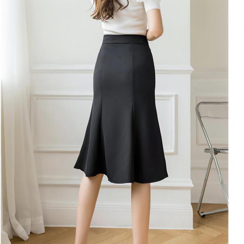 Summer Medium Length High Waist Women Fishtail Skirt Formal Trumpet / Mermaid Office Black Skirts