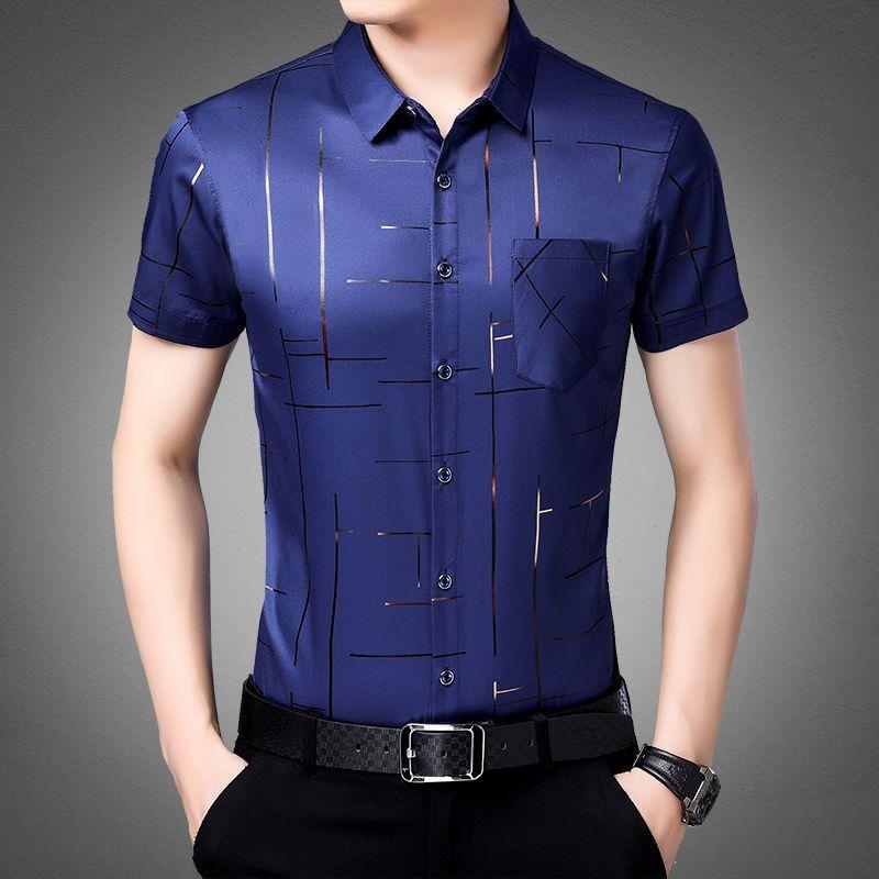 Fashion Men Short Sleeve Smooth Shirt Summer New Letter Male Clothes Streetwear Business Casual Lapel Loose Quick Dry Casual Top