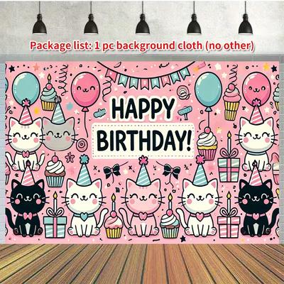 2D Cat Birthday Party Backdrop Cloth, Cute Pink Kitty Banner for Kids Party Decor