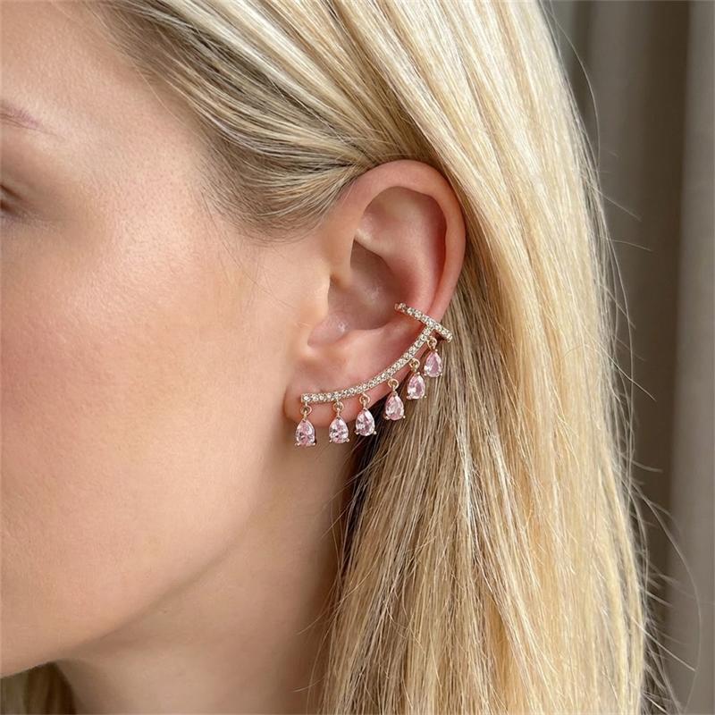 1PC Pink Sparkling Zircon Waterdrop Tassel Clip Stud Earrings for Women Elegant Teardrop Pierced Ear Cuffs Statement Jewelry