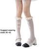 Women Japanese Aesthetic Hollowout Mesh Middle Tube Socks Striped Patterned Ruffle Trim Over Calf Socks with Bows Accent
