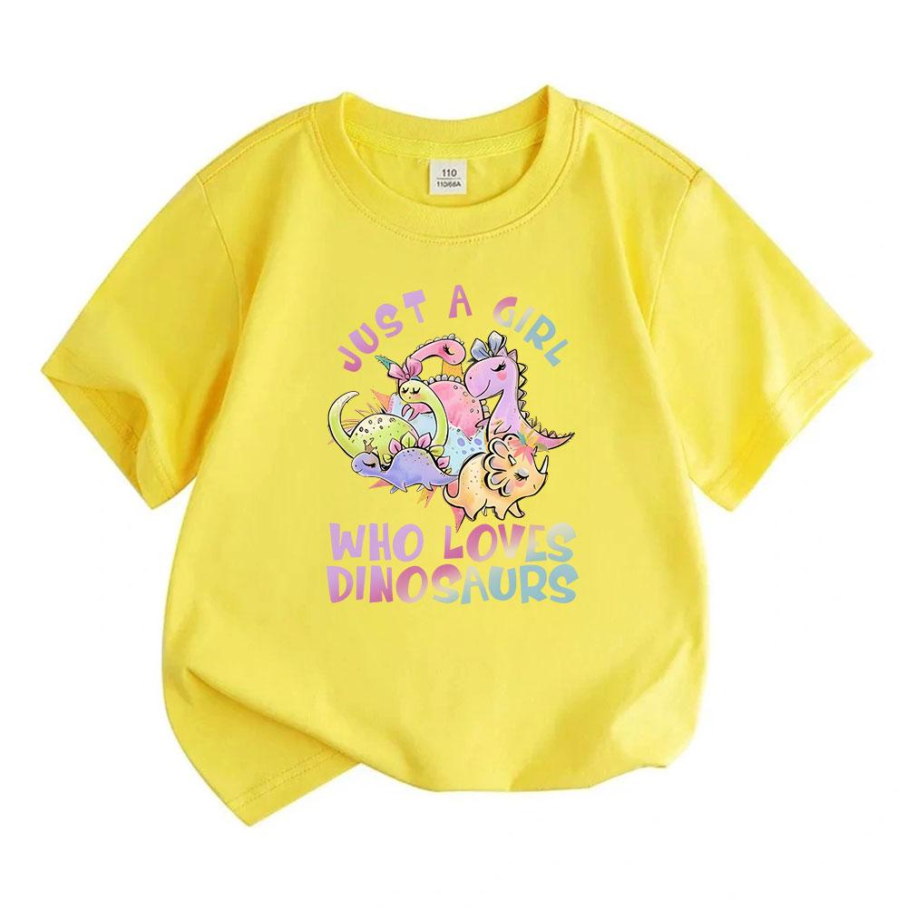 Kids Boys Girls 100% Cotton Short Sleeve Crew Neck T-Shirt, Cute Cartoon Dinosaur Print Just A Girl Who Loves Dinosaurs Casual Soft Tee for Children D