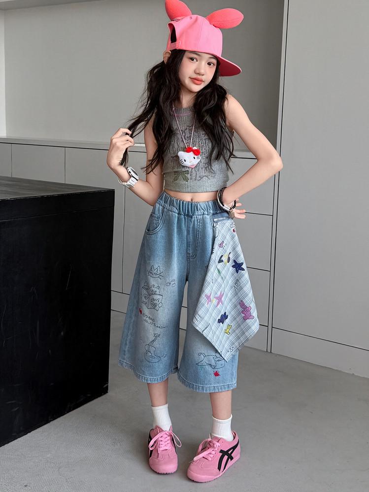 Summer 2026 Cartoon Graffiti Girls' Wide-Leg Jeans - Medium & Large Sizes, Thin Seven-Quarter Length
