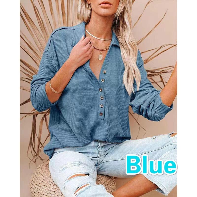 Mote T-skjorte for kvinner Høst Langermet Ensfarget V-hals Knapper Skjorter Casual Oversized Dame Topper