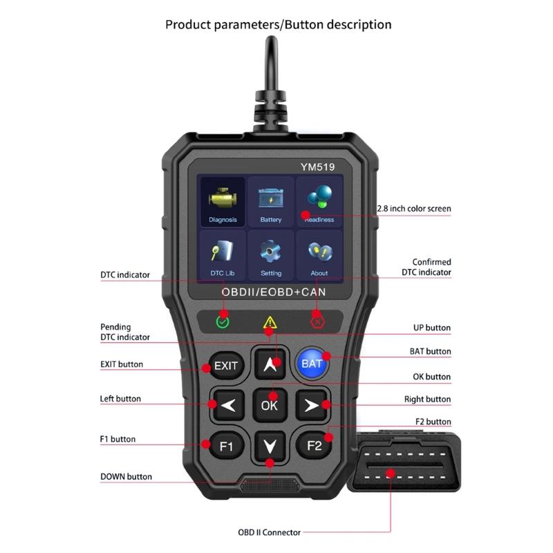 2.8in Color Screen Code Reader OBD2 Scanner Battery Tester Auto Diagnostic Scan Tool with Freeze Frame Readiness