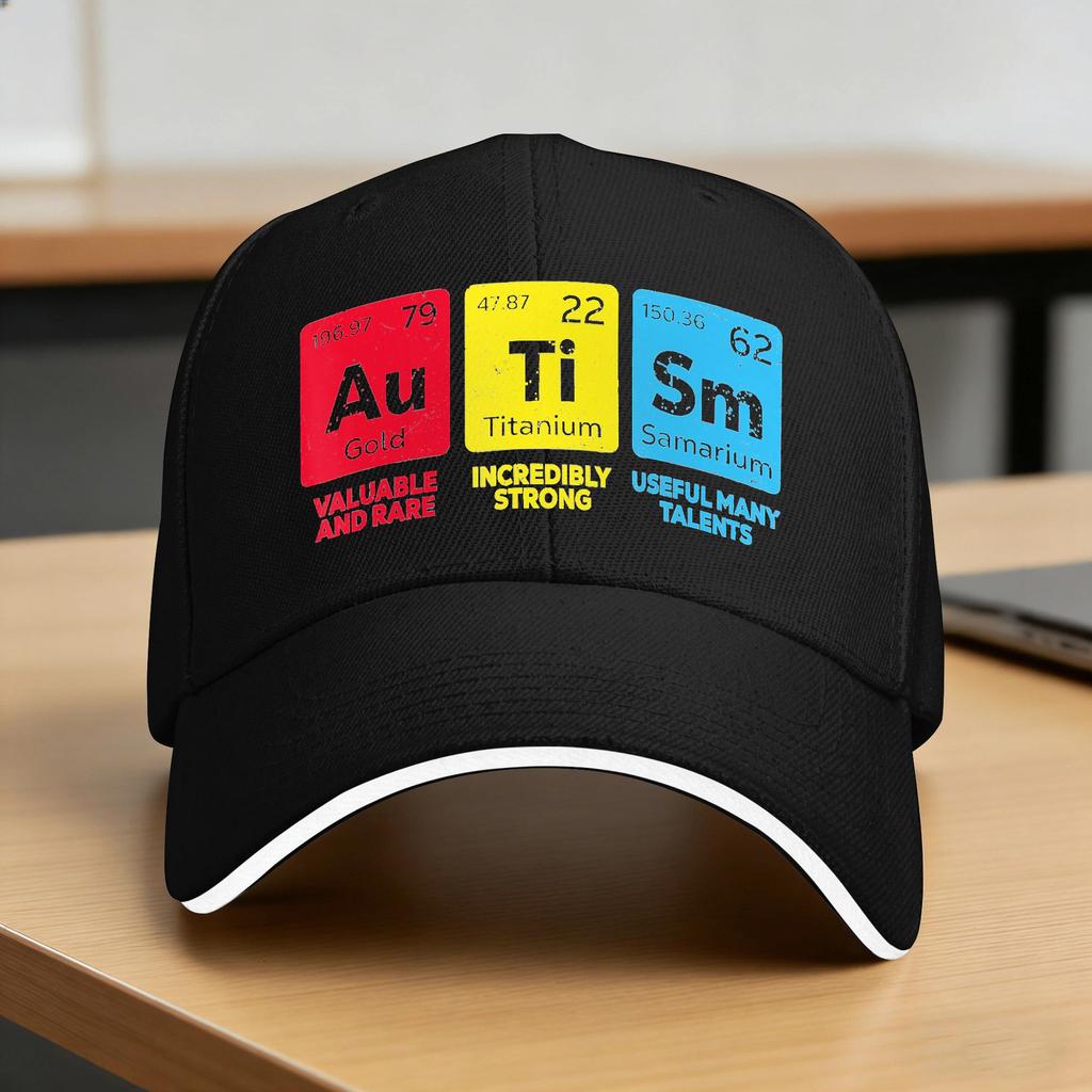 Spring Autism Awareness Autism Periodic Table Baseball Cap Outdoor Gym Trendy Sun Trucker Hat Unisex Women SunProof Snapback Cap