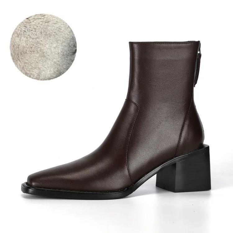 

Модные НОВЫЕ Осенне-зимние женские ботинки Обувь из натуральной кожи для женщин Квадратный носок Массивная подошва Ботинки на молнии до щиколотки Лаконичные современные ботинки 34