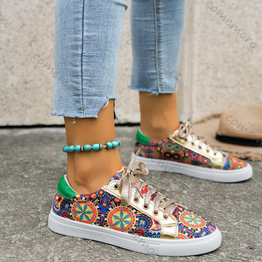 Fashion Comemore Spring Autumn New Women Fashion Printed Sneakers Flat Bottom Women Comfortable Lace Up Casual Walking Vulcanize Shoes