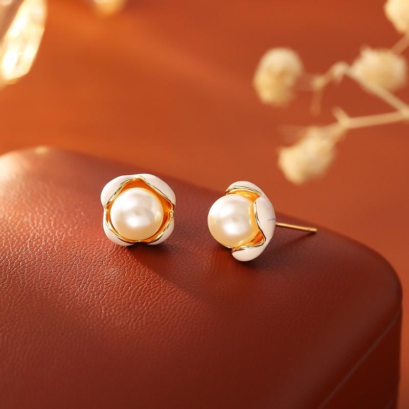 Freshwater Pearl Flower Stud Earrings Women Sterling Post Gold Plated Minimalist Jewelry