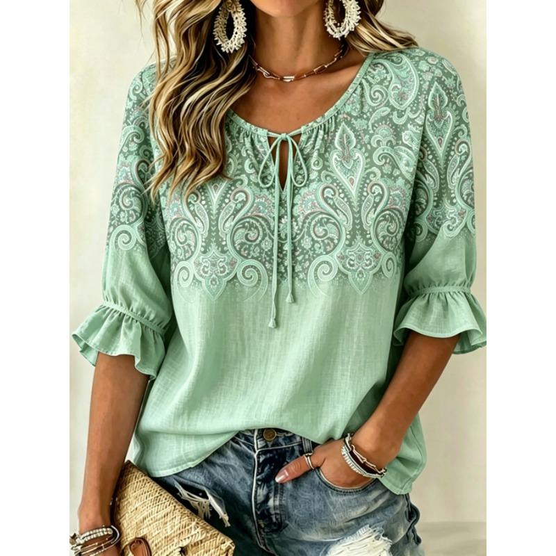 Women's White Watercolor Floral Print Tie Neck Blouse, Casual Loose Tops for Spring Summer Daily Wear & Vacation Occasions