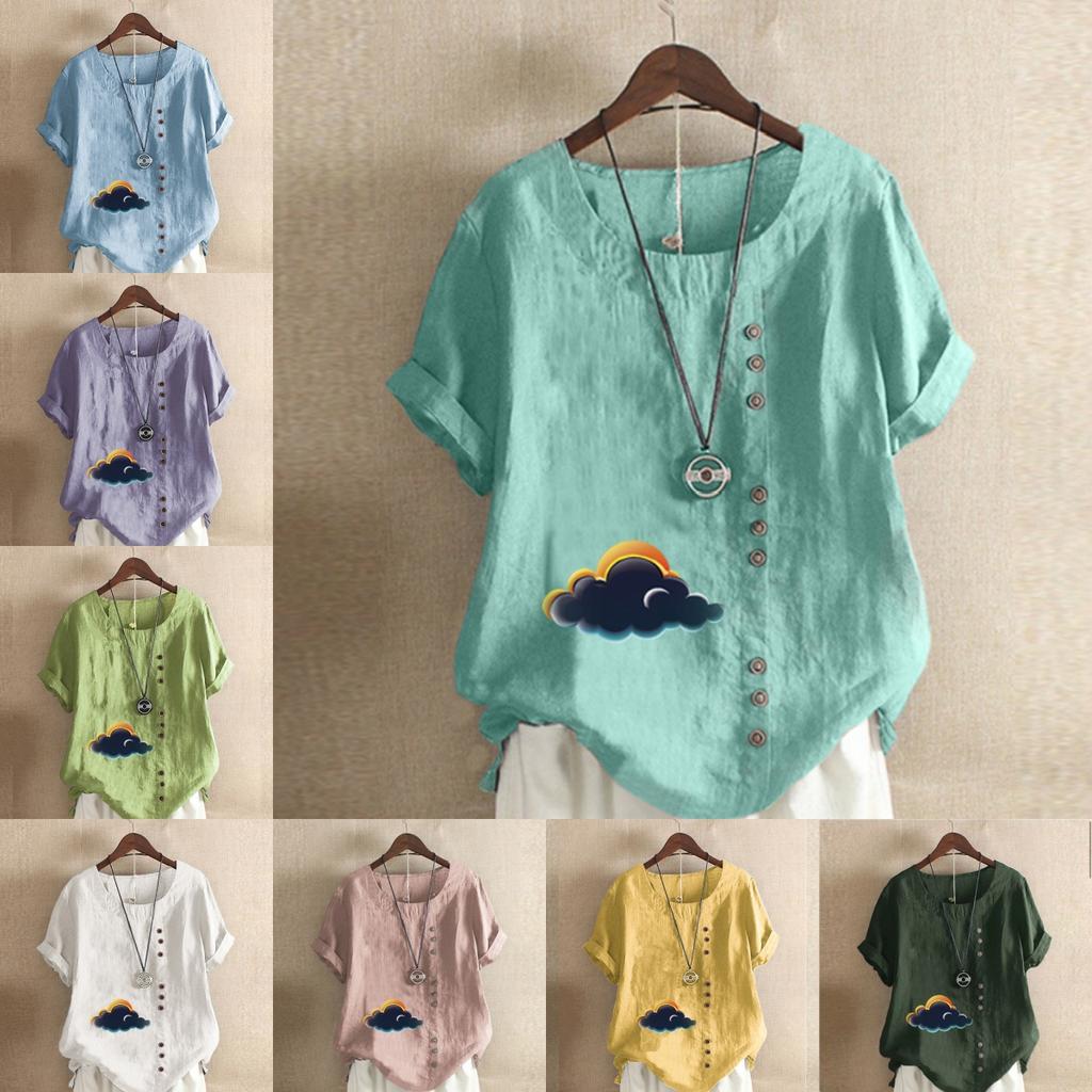 Women's Fashion Dark Clouds Prined Round Neck Short Sleeve T-shirt Casual Cotton Linen Graphic Shirt Leisure Loose Summer Blouse Tops