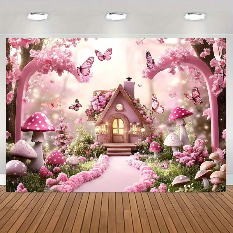 2D Soft Pink Dream Backdrop with Heart Balloons, Clouds & Butterfly for Cake Smash & Romantic Room Decor