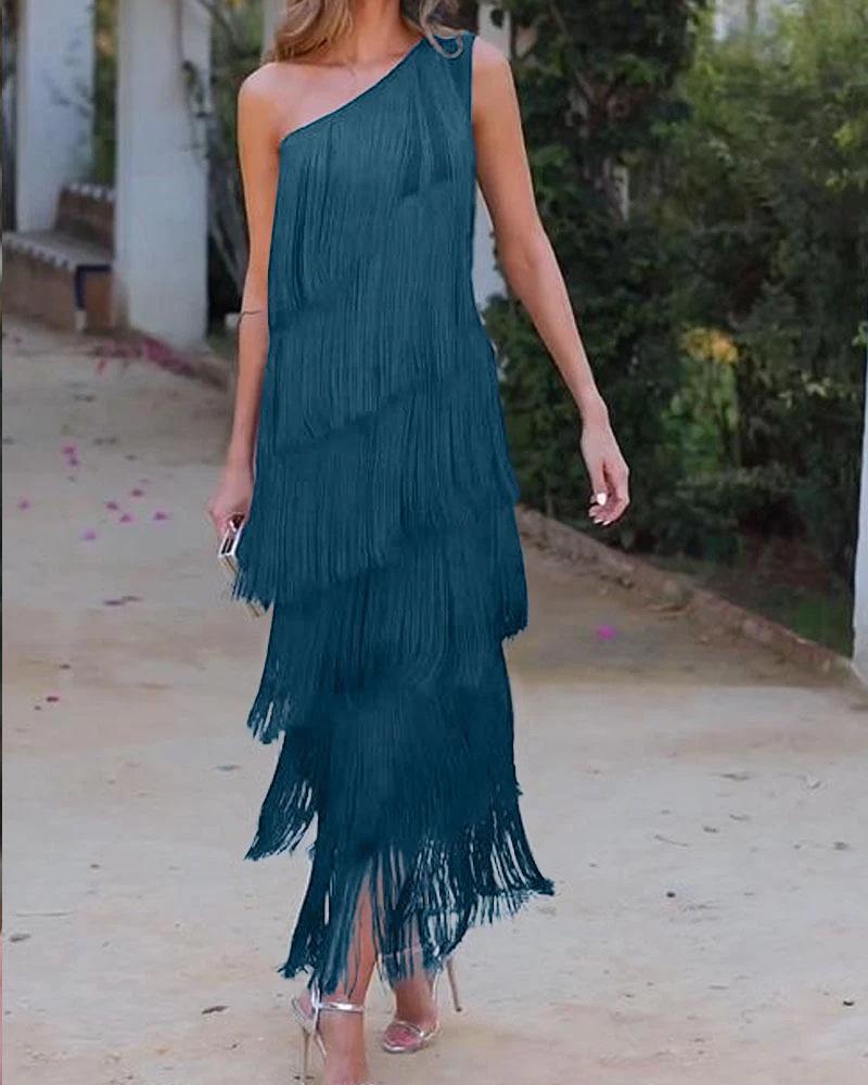 

Spring/Summer Asymmetric Tassel Evening Dress - European & American Fashion S павлин голубой