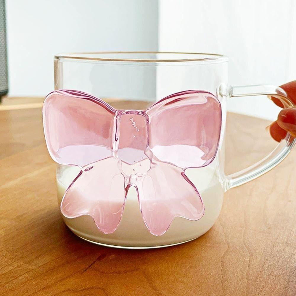 Clear Pink Bow Drinking Glass Cup Durable Ice Coffee Cup  for Birthday Gifts Friend