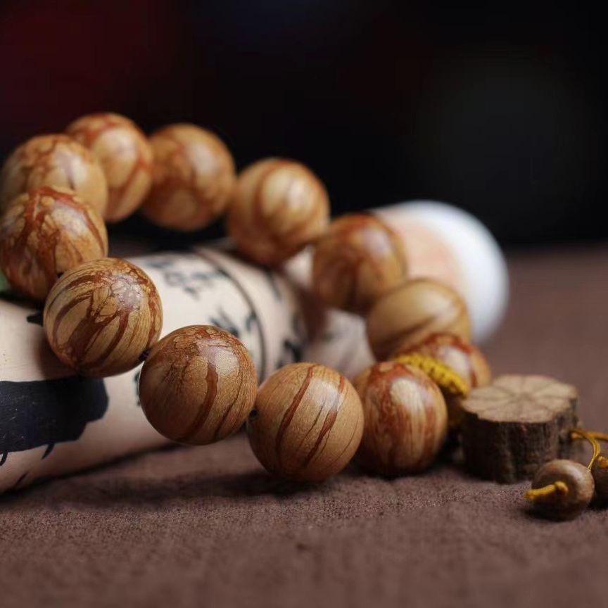 Plum Blossom Bone Inlay Prayer Beads Bracelet with Chen Mei Hua Wood and Six Paths Wood Grain