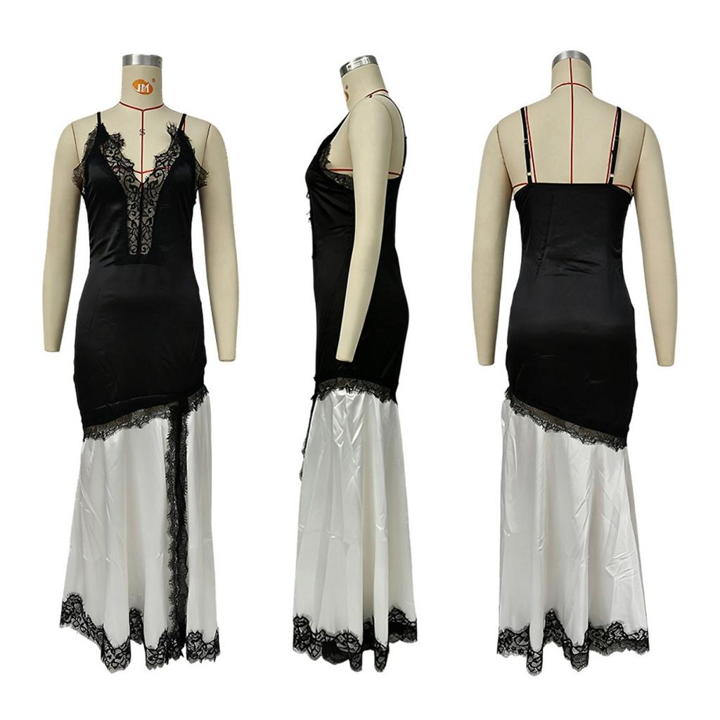 Europäisch-Amerikanisches Damen-Colorblock-Latzkleid Asymmetrisches Spitzen-Patchwork Seitenschlitz Saum Sommerkleid
