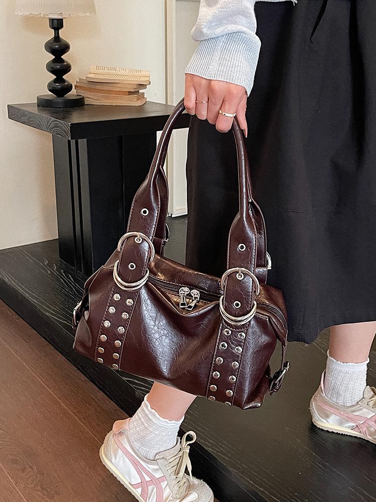 Korean Style Rivet Handbag: Large Capacity, Versatile Shoulder & Underarm Bag for Women - High-Quality, Trendy Motorcycle Design