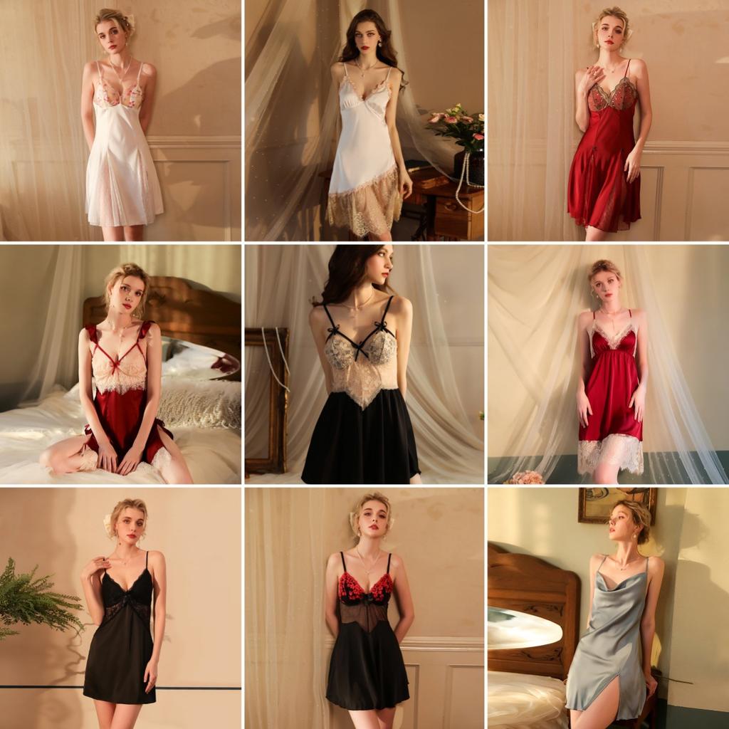 Multi-Style Pure Desire Lace Nightgown V Mesh Patchwork Satin Skin-Friendly Cami Loungewear Versatile Seductive Sleepwear with Diverse Style Options