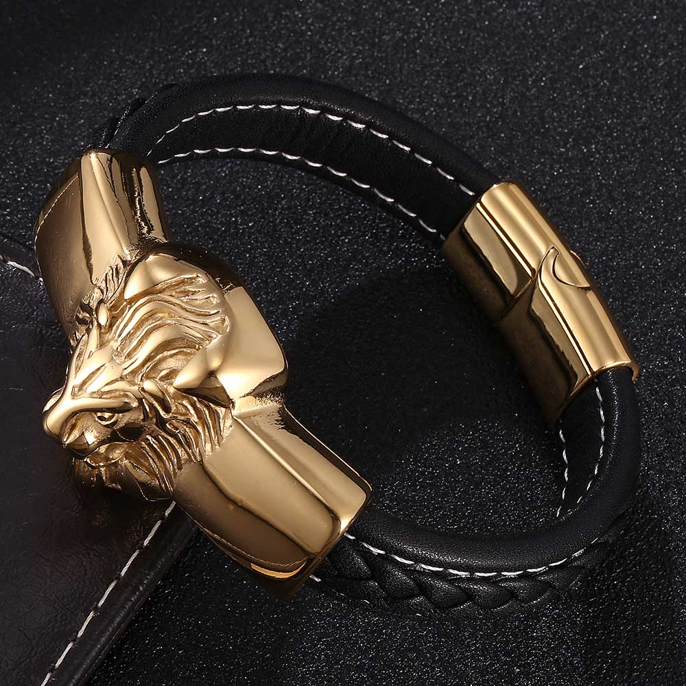 New Mens Bracelets Leo Lion Stainless Steel Clasp Black Leather Bracelet Cuff Wristband Fashion Jewelry