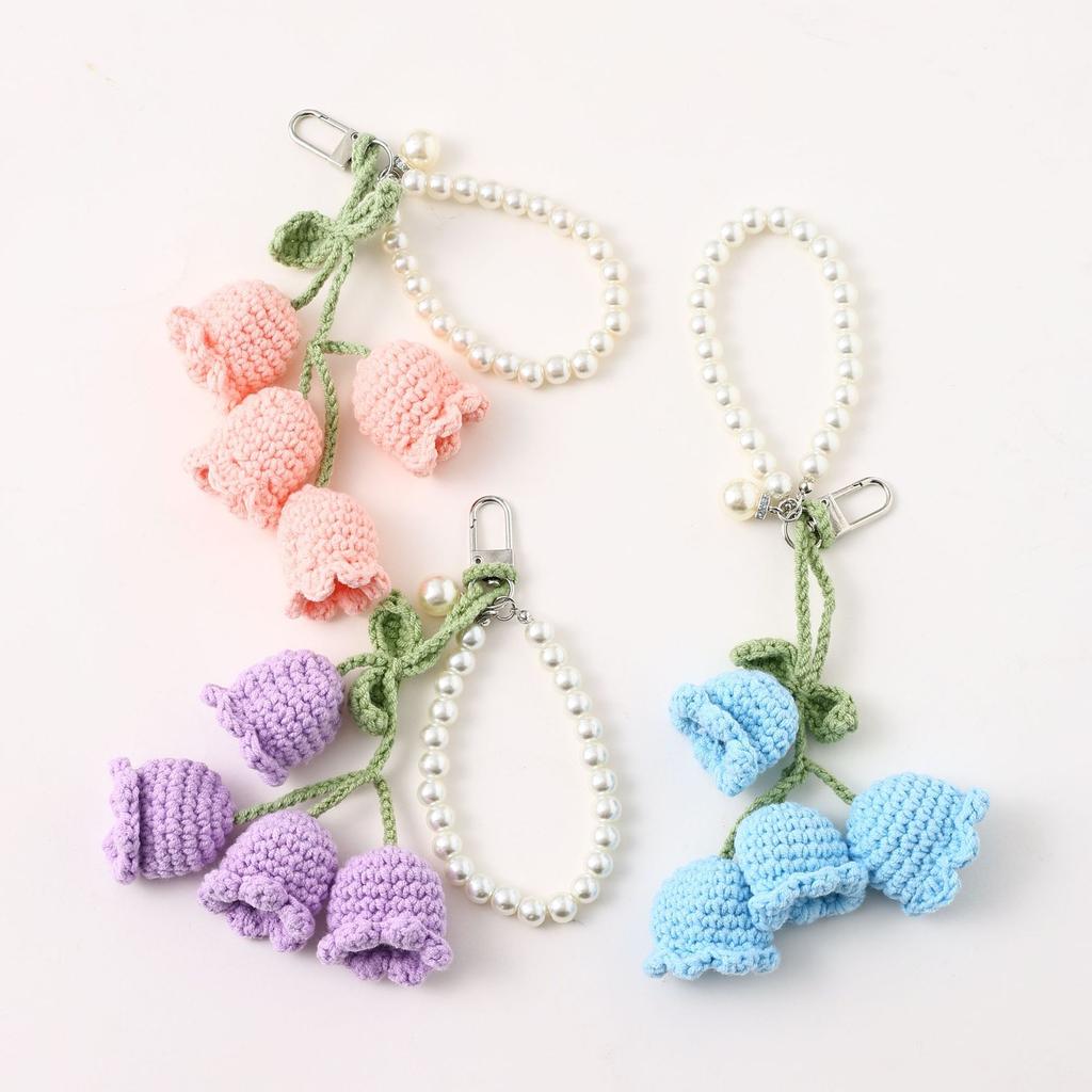 Cute Pearl Chain Woolen Crochet Lily Of Valley Flower String Keychain Bag Decorative Buckle Boho Style Creative Keychain Backpack Pendant Party