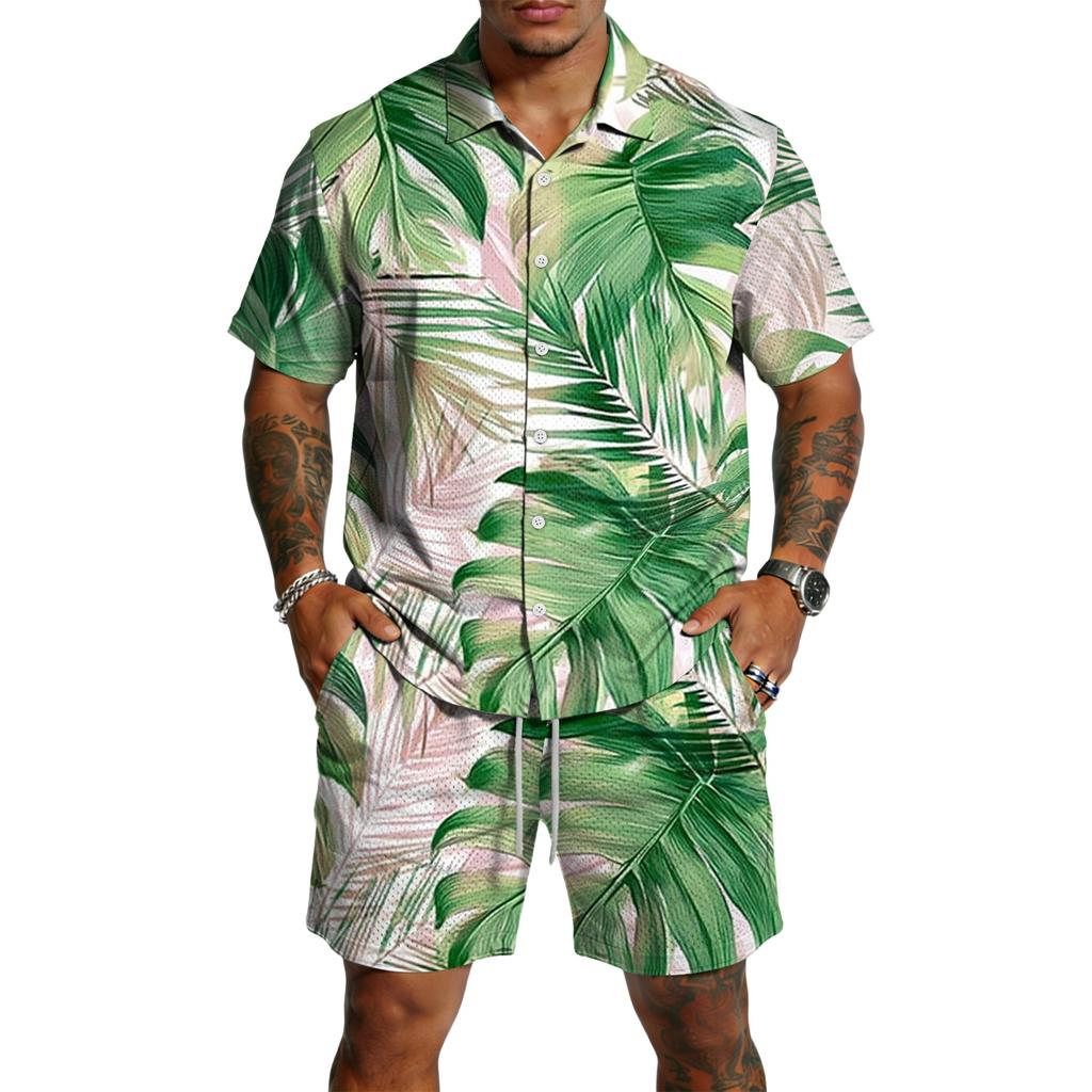Men's Casual Print Matching Set - Lightweight Breathable Top and Drawstring Shorts 2-Piece Outfit for Summer