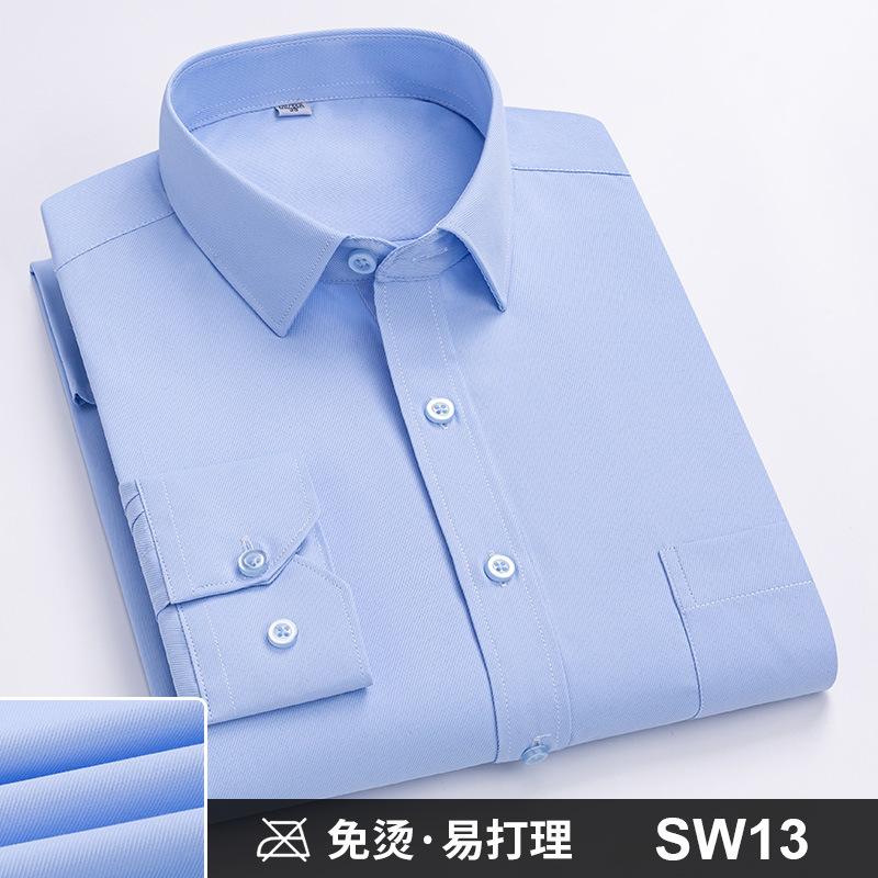 6XL Work Blue White Shirt Long Sleeves Men Formal Shirt Long Sleeve Office Solid Color Classic Striped Fashion Business Pocket