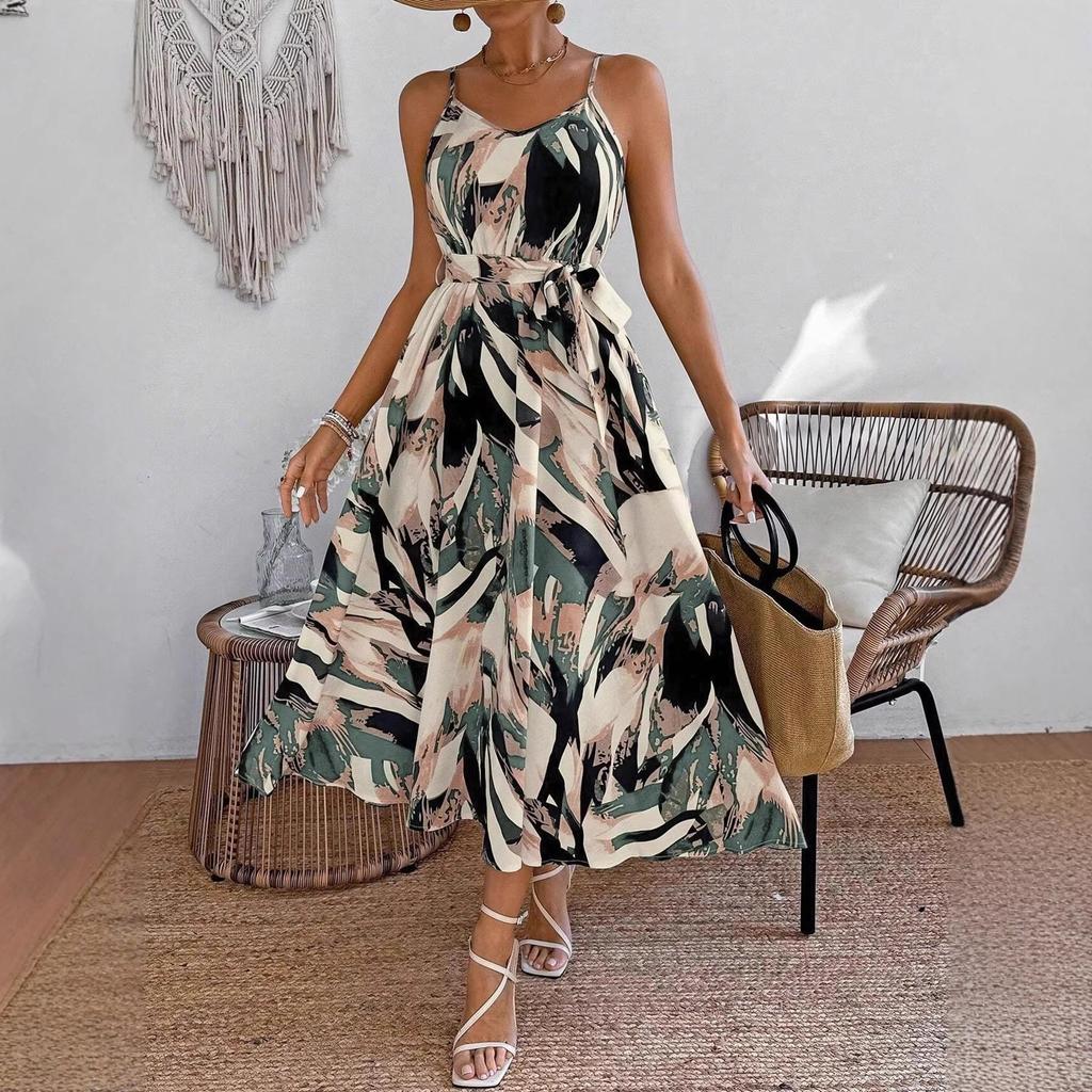 2026 Amazon cross-border new women's clothing printed lace-up neck sleeveless dress European and American summer waist dress