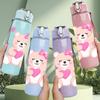 1PC Pink Teddy Bear Hearts 750ml Color Plastic Sports Water Bottle Leakproof Flip Straw Lid Suitable for Sports Office Home Use