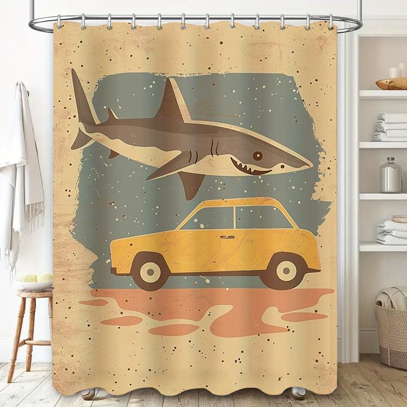 Vibrant Retro Bath Shower Curtain Unique Shark Car Design Waterproof Fabric Easy Installation