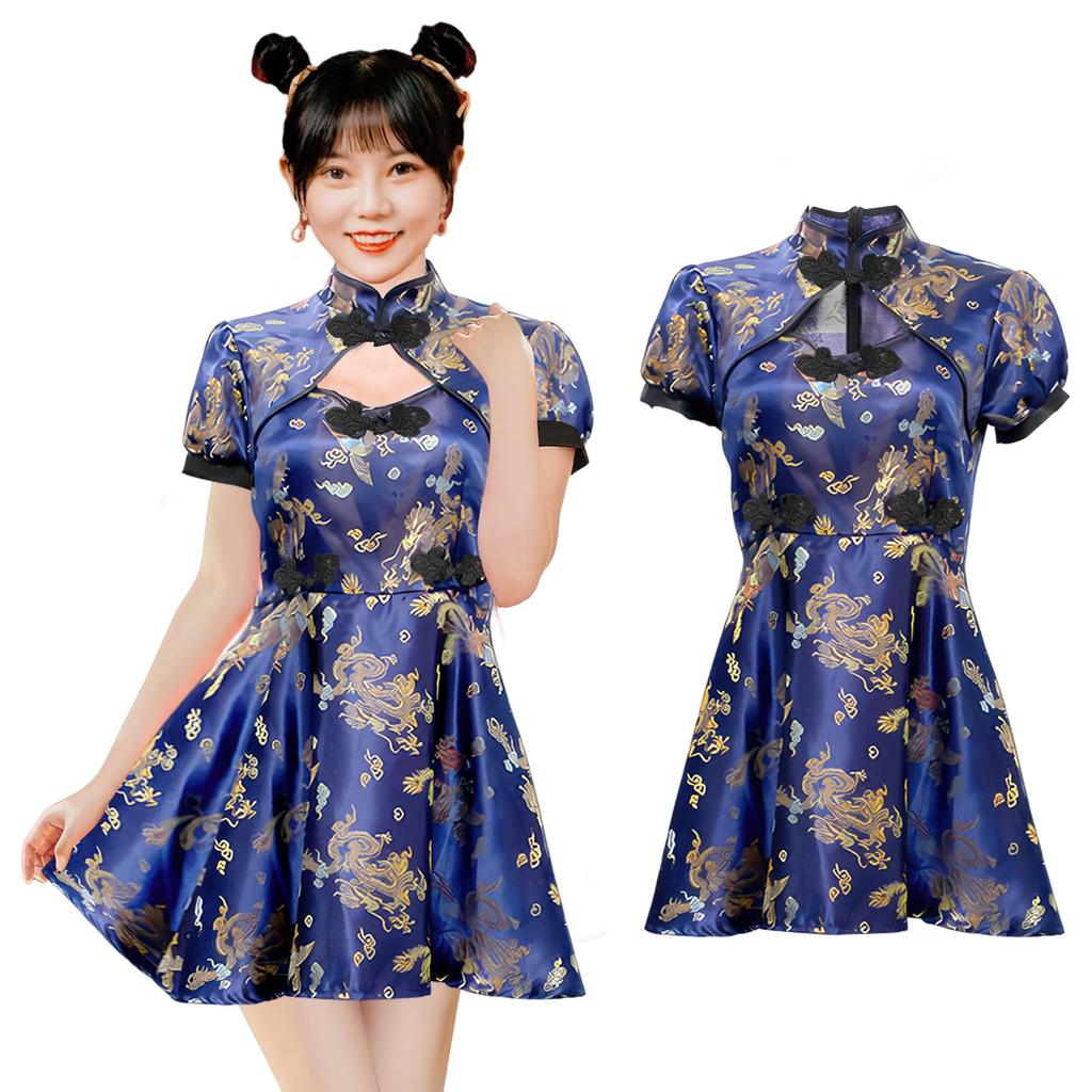 Yi-gog Halloween Chinese-style Dragon and Phoenix Print Cheongsam Short Cheongsam Cosplay Costume for Women, Cute Halloween Costume (L, Navy Blue)