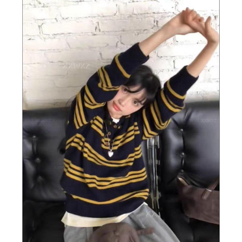 Early Autumn New Design Sense Retro Contrasting Color Striped Casual Knitted Sweater Women
