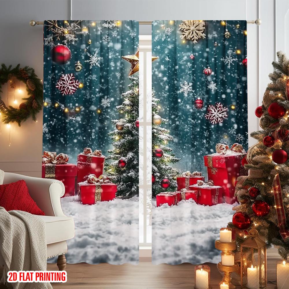2 Stück 2D Flachdruck Frohe Weihnachten Beliebte Vorhänge Winterwunderland Schnee Vielseitig 100% Polyester Ohne Strom