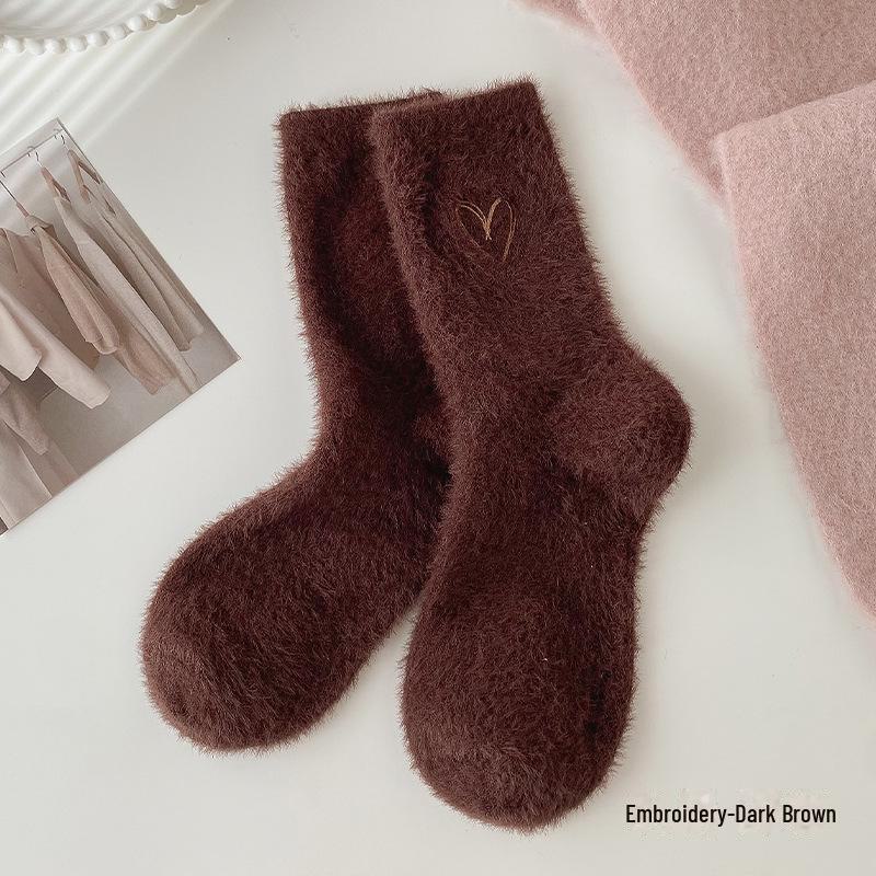 

Женские толстые носки средней длины из норкового бархата для осени и зимы - теплые плюшевые носки для сна embroidery, one size темно-коричневого