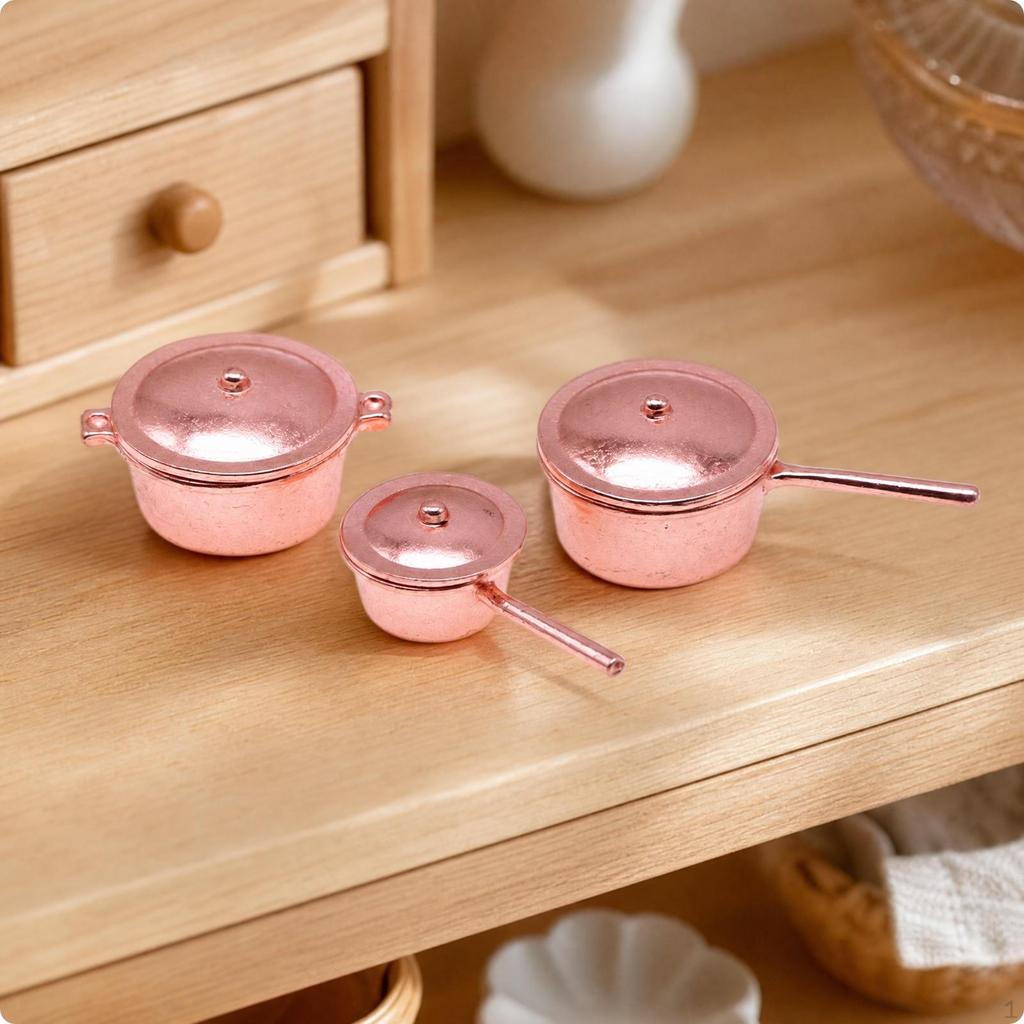3 Pieces Copper-Toned Miniature Cookware Set Realistic for Craft Enthusiasts