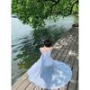 This year's popular beautiful mesh yarn one-word shoulder smudge dress, waist and thin temperament vacation super fairy fishtail skirt