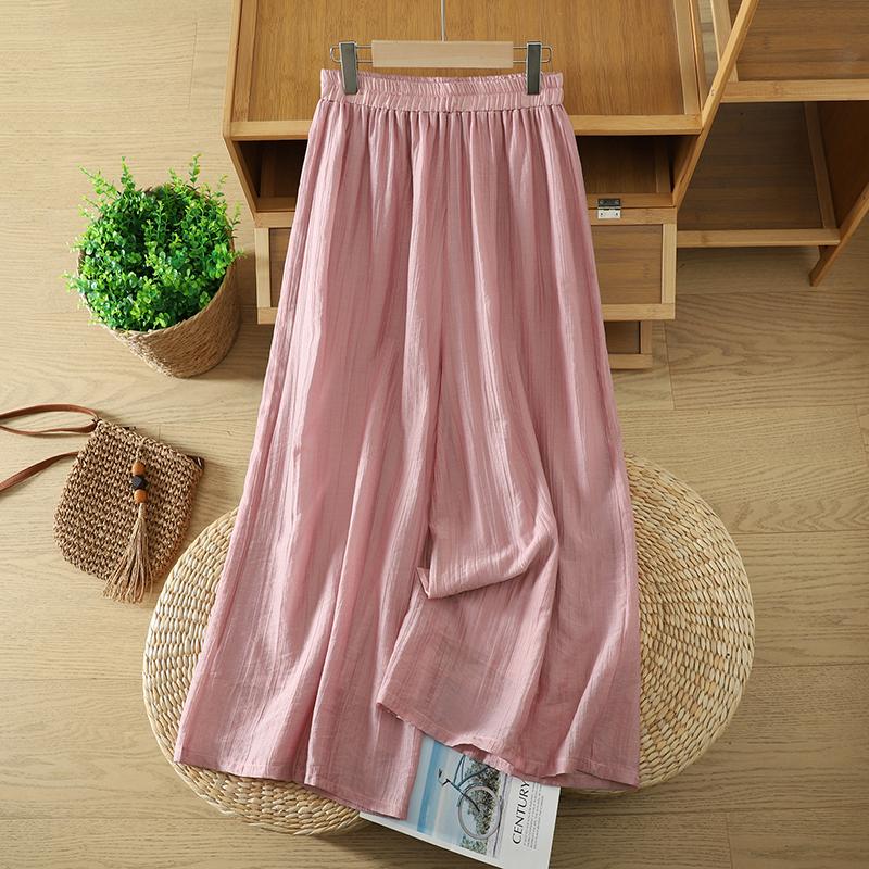 DIMANAF Plus Size 2026 Women Linen Pants Elastic Waist Vintage Basic Lady Solid Lace Wide Leg Long Pants Oversize Loose Tencel