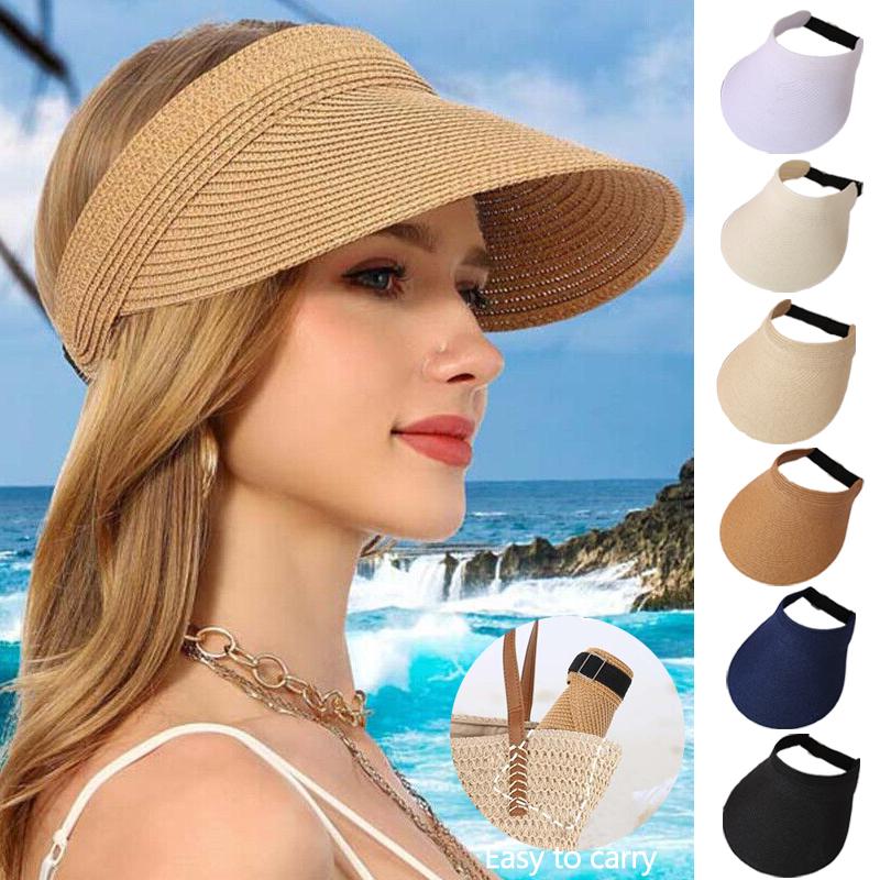 Summer Women's Wide-brimmed Sun Hat Foldable Solid Color Leisure Holiday Empty Top Breathable Straw Hat UV-proof Beach Hat