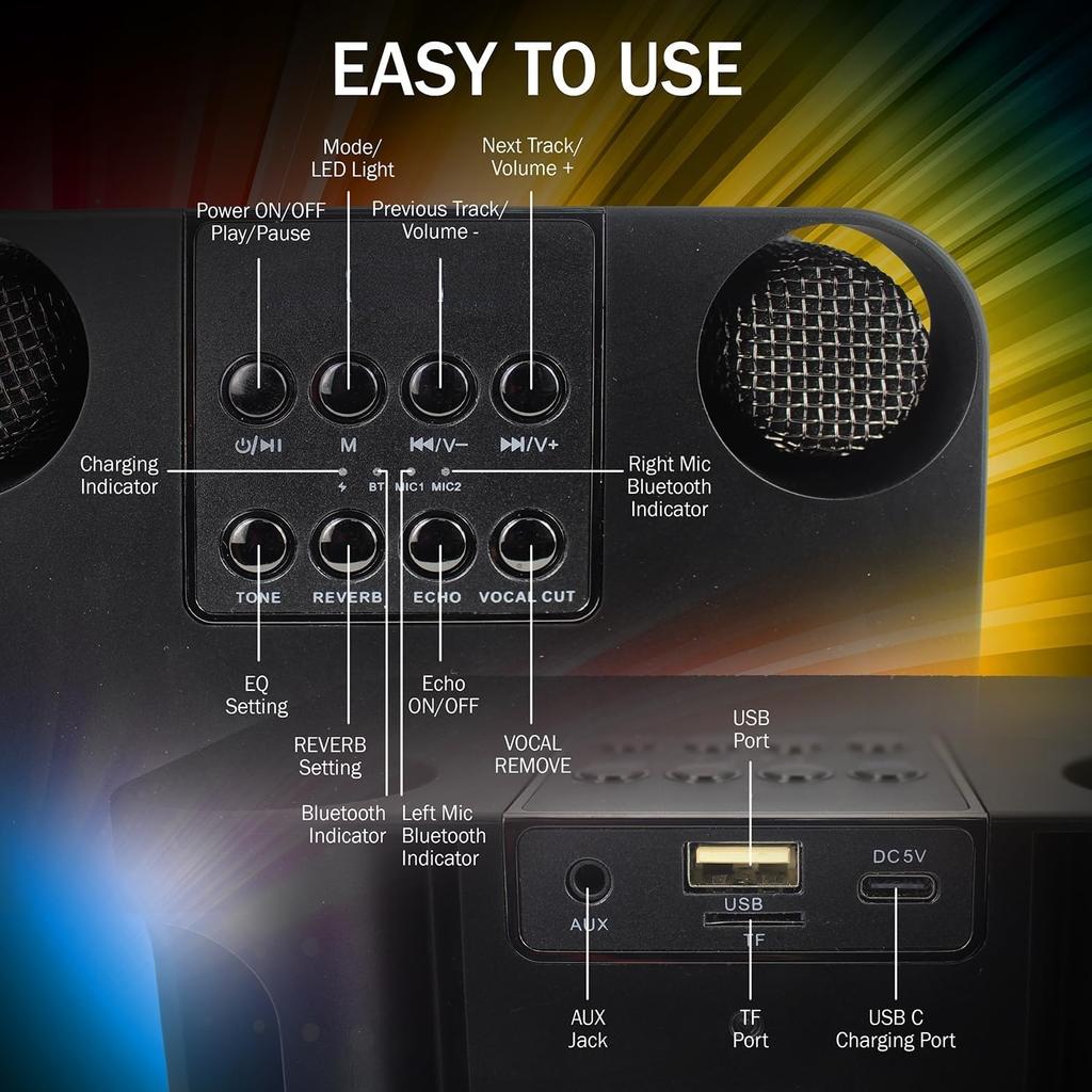 Wireless Karaoke Microphone, Dual Mics Bluetooth Speaker with RGB Lights, Portable Handheld Mic for Sing Along & Home KTV Fun!